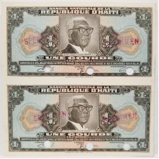 HAITI 1919 . ONE 1 GOURDE BANKNOTES . SPECIMEN . TWIN BLOCK